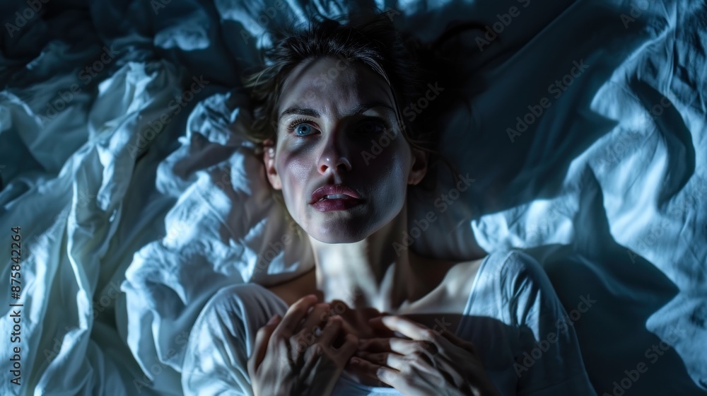 woman in bed late trying to sleep suffering insomnia, sleepless or scared in a nightmare, looking sad worried and stressed. Tired and headache or migraine waking up in the middle of the night. woman in bed late trying to sleep suffering insomnia, sleepless or scared in a nightmare, looking sad worried and stressed. Tired and headache or migraine waking up in the middle of the night.