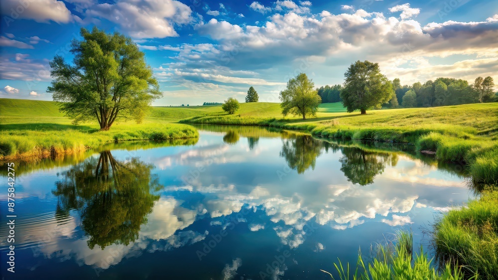 Fototapeta premium Serene natural landscape with tranquil aquifer reflection in idyllic meadow , peaceful, nature, landscape, tranquil, reflection