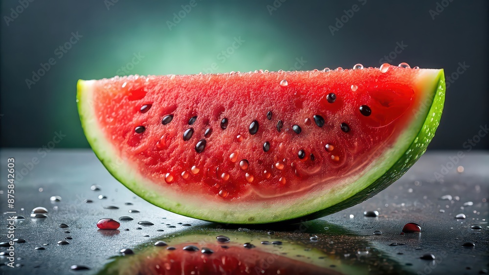 Closeup of a fresh watermelon slice with splash of water droplets and studio lighting on isolated background, watermelon, slice Closeup of a fresh watermelon slice with splash of water droplets and studio lighting on isolated background, watermelon, slice