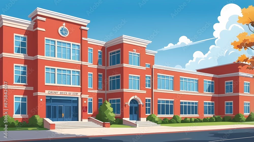 Modern school building with large windows and red walls. Cartoon illustration Modern school building with large windows and red walls. Cartoon illustration