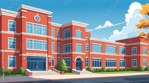 Modern school building with large windows and red walls. Cartoon illustration © Virdauso Studio