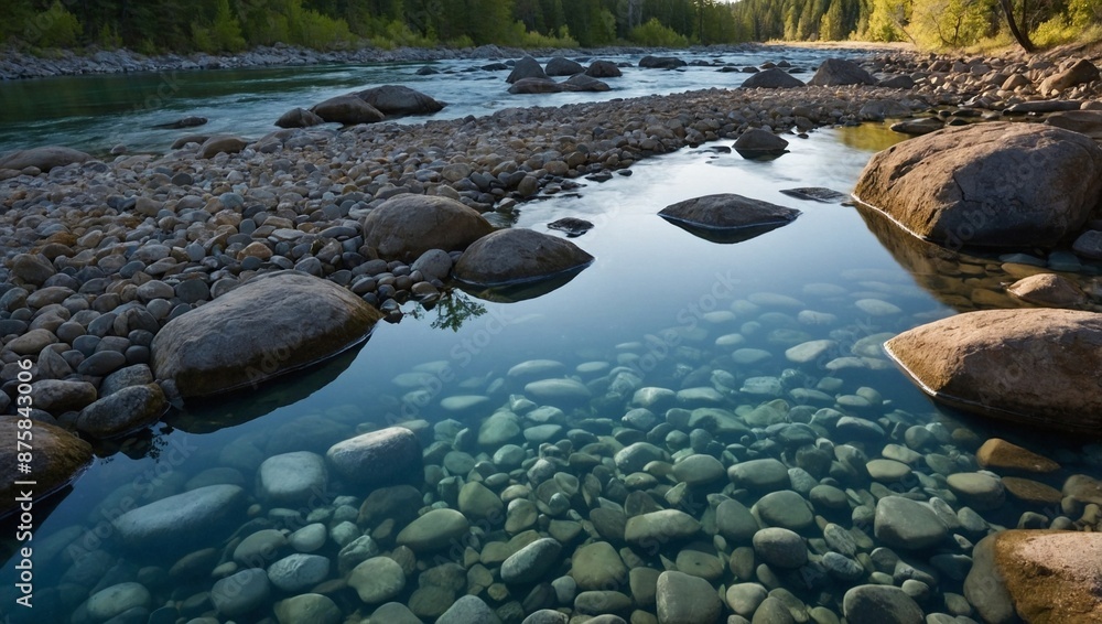 A tranquil river with crystal clear water and smooth A tranquil river with crystal clear water and smooth