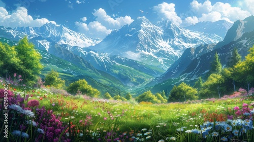 Fototapeta Naklejka Na Ścianę i Meble -  Scenic mountain landscape with lush green meadows and vibrant wildflowers