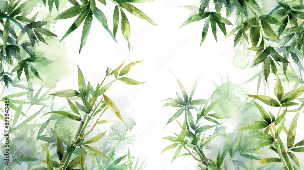 Watercolor painting of lush green bamboo leaves and stalks with white background Watercolor painting of lush green bamboo leaves and stalks with white background