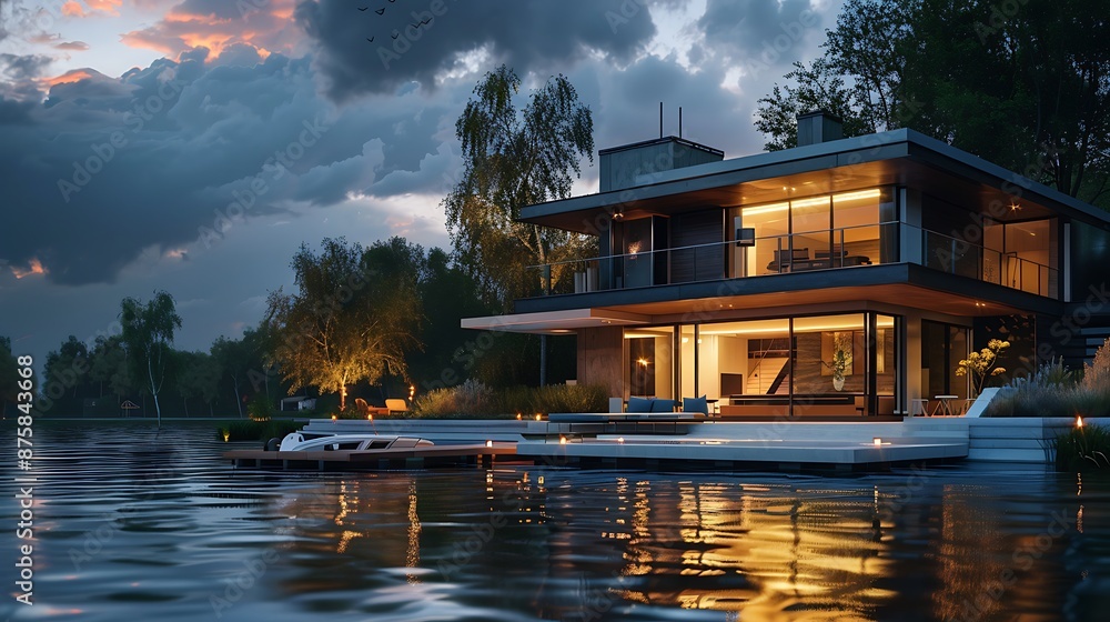 Obraz premium A modern home by the river in the evening very detailed and realistic shape