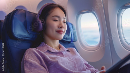 Young Asian attractive business woman passenger sitting on business class luxury plane while wearing wireless headphone for relax and working with tablet during the flight.