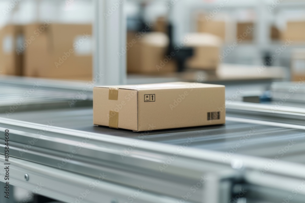 A brown cardboard box with the letters ET on it sits on a conveyor belt A brown cardboard box with the letters ET on it sits on a conveyor belt