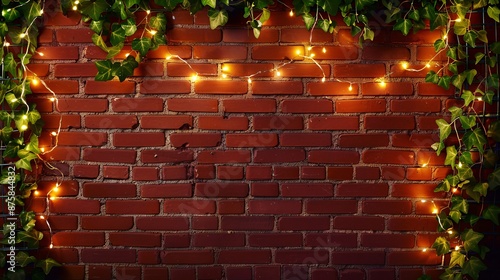 A red brick wall with ivy growing along the edges is decorated with string lights for a warm and inviting ambiance