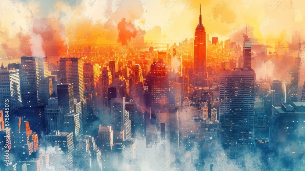Cityscape Watercolor Painting with Sunset Over Skyline Cityscape Watercolor Painting with Sunset Over Skyline