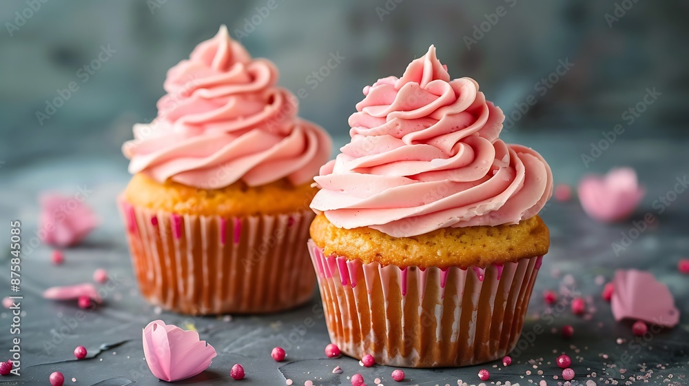A pair of freshly baked cupcakes with pink frosting A pair of freshly baked cupcakes with pink frosting