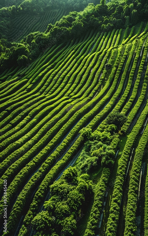 Aerial view of rolling green hills with rows of crops, creating a textured landscape. Aerial view of rolling green hills with rows of crops, creating a textured landscape.