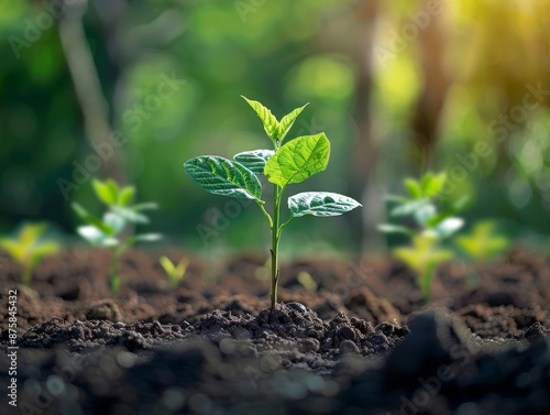 A close-up of a young green plant seedling growing in rich soil with blurred green background.