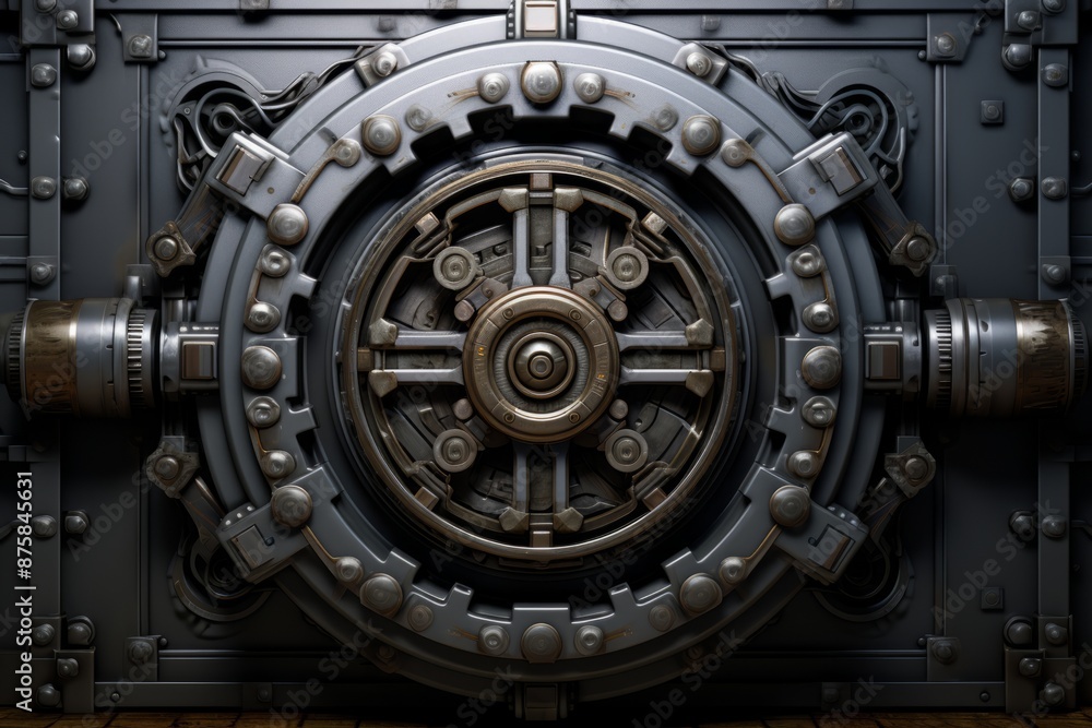 Close-up of a metal bank safe door with a round handle. Close-up of a metal bank safe door with a round handle.