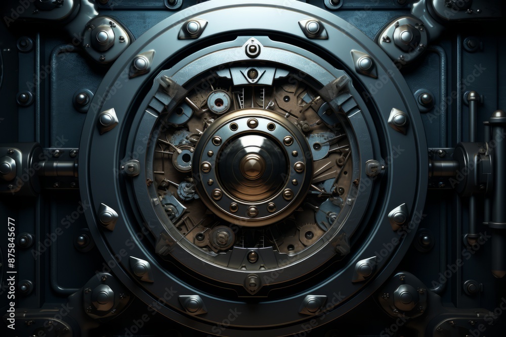 Close-up of a metal bank safe door with a round handle. Close-up of a metal bank safe door with a round handle.