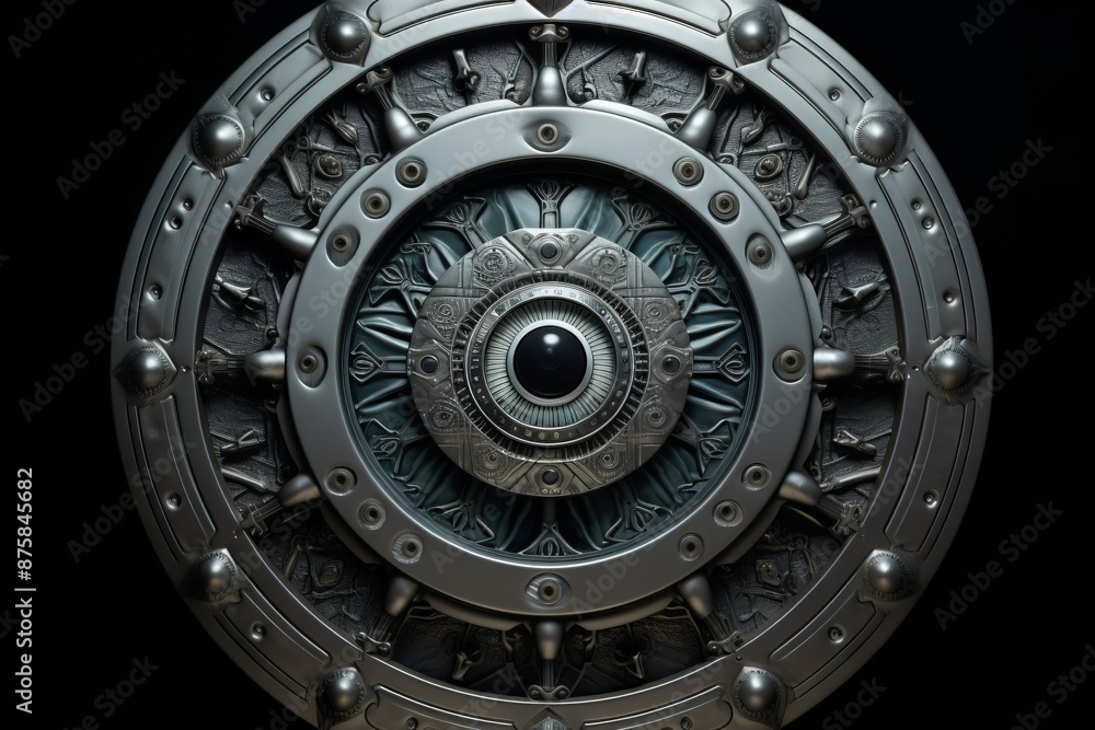 Close-up of a metal bank safe door with a round handle.