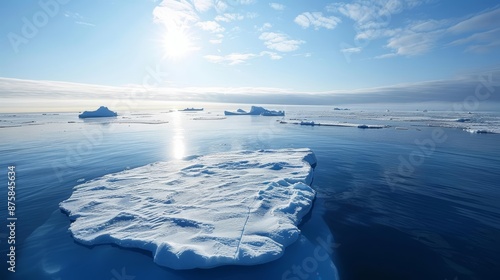 A large iceberg floats in a calm ocean under a clear blue sky. Sunbeams pierce through the clouds. photo