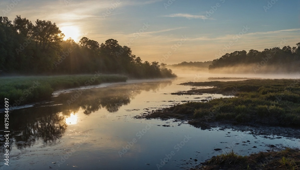 Fototapeta premium A misty river at dawn with fog rolling over the water