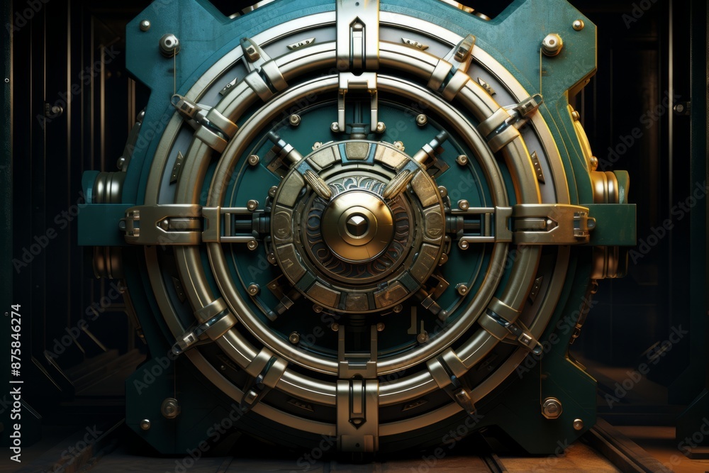 Close-up of a metal bank safe door with a round handle. Close-up of a metal bank safe door with a round handle.