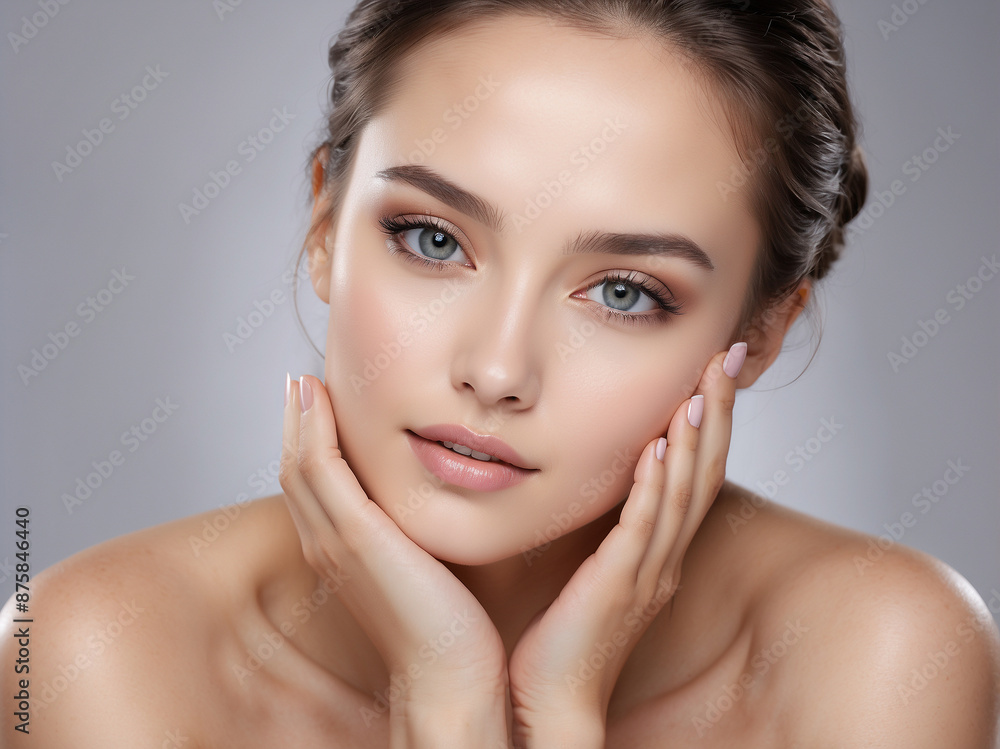Portrait of beautiful young woman with clean fresh skin on beige background. Portrait of beautiful young woman with clean fresh skin on beige background.