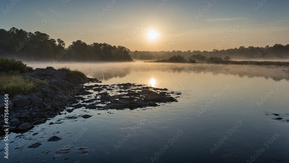 Fototapeta premium A misty river at dawn with fog rolling over the water