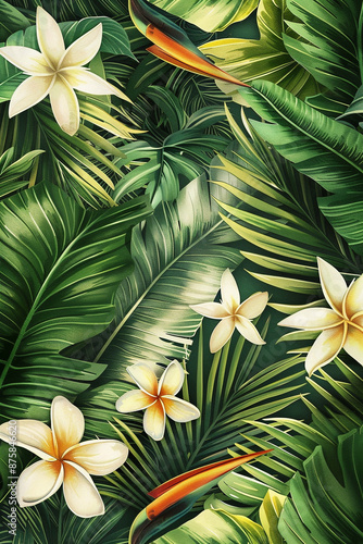 illustration  floral pattern with green jungle leaves and blossoms