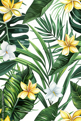 illustration  floral pattern with green jungle leaves and blossoms