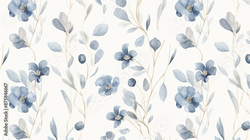 seamless floral pattern, an elegant pattern featuring delicate watercolor flowers and leaves in a dusty blue, arranged to form a seamless repeating design on a white background.