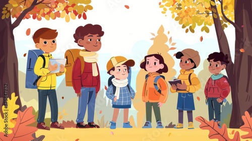 Group of diverse children standing in autumn forest