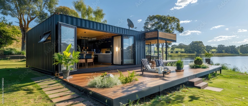 Modern shipping container house home, tiny house near lake in sunny day. Shipping container houses is sustainable, eco-friendly living accommodation or holiday home Modern shipping container house home, tiny house near lake in sunny day. Shipping container houses is sustainable, eco-friendly living accommodation or holiday home