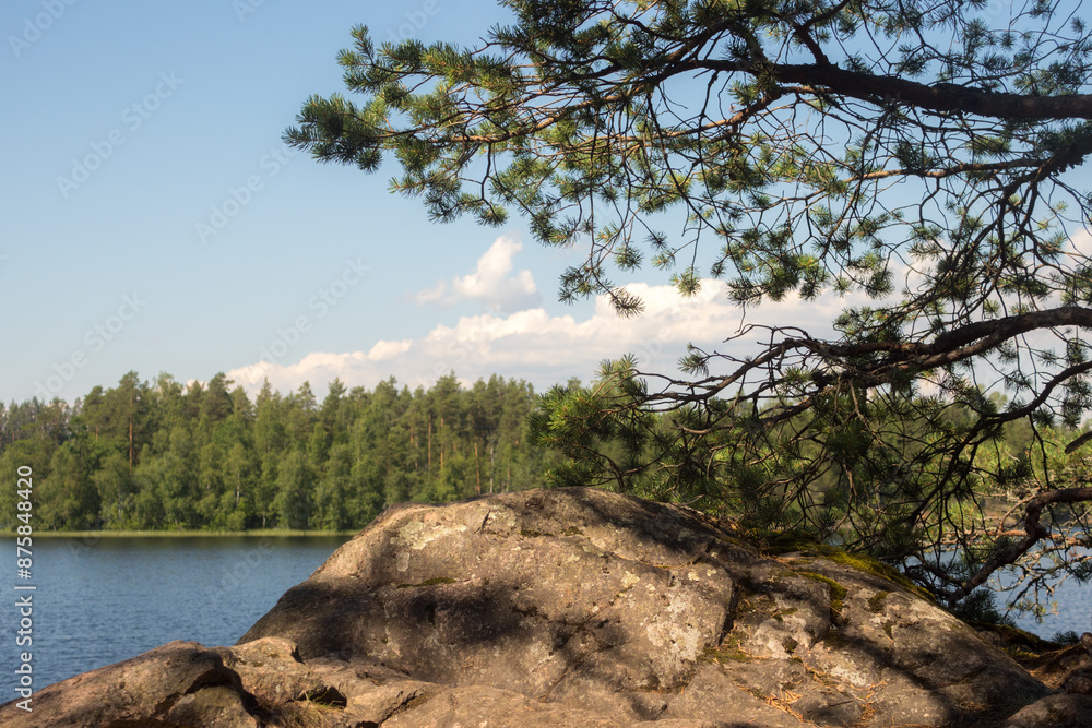 landscape with rocks on a forest lake landscape with rocks on a forest lake