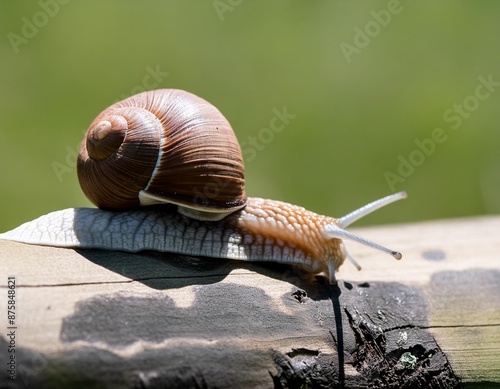 European brown garden snail (Cornu aspersum) crawling on wood in natural habitat with green background photo