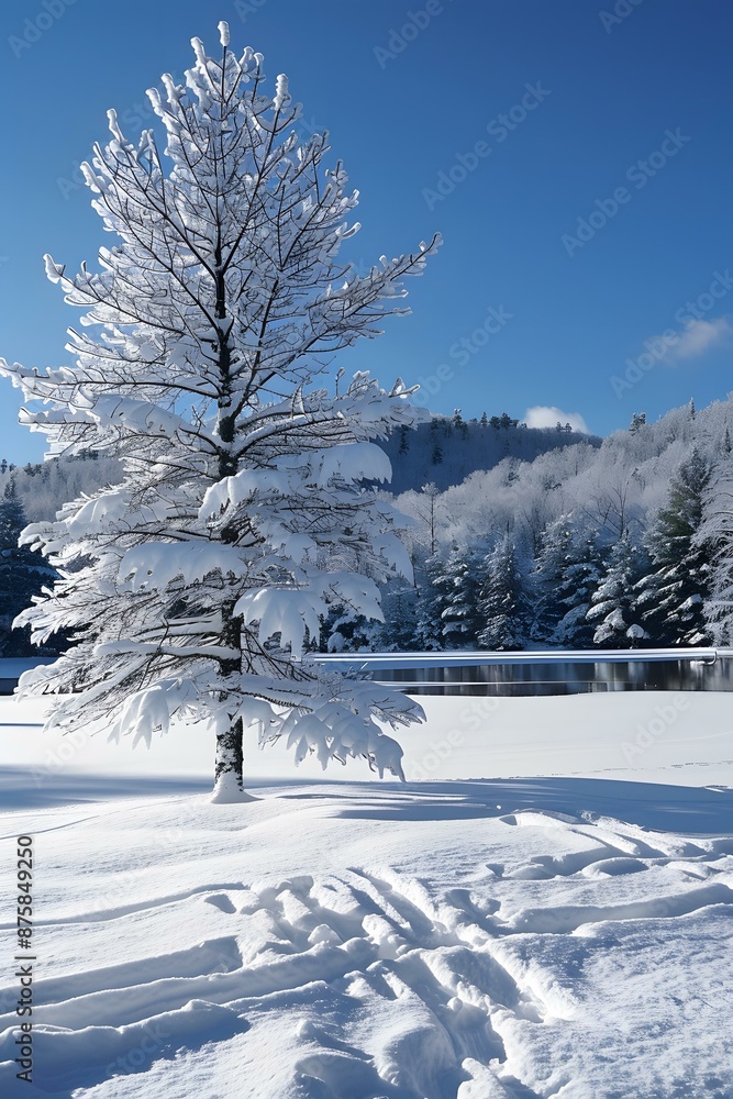 Snowy Tree by a Frozen Lake