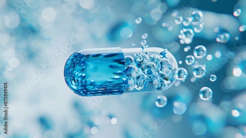 Water pill with bubbles. Blue capsule filled with water and surrounded by bubbles. photo