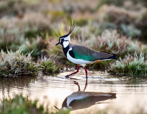 Side view of male Northern lapwing (Vanellus vanellus) walking along water in grassland wetland habitat