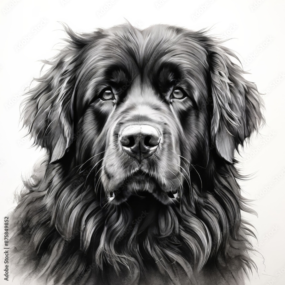 A portrait of newfoundland pencil drawing black strokes on white background. A portrait of newfoundland pencil drawing black strokes on white background.