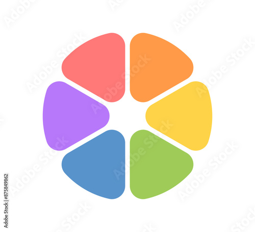 Circle division infographic icon. Pie chart divided six equal parts. Sectors with rounded corners icon. Color infographic flower round diagram. Vector illustration isolated on white background.