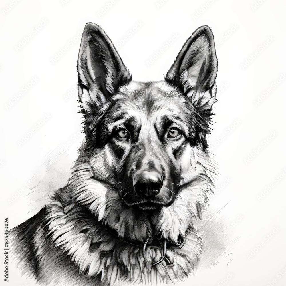 A portrait of german-shepherd pencil drawing black strokes on white background.