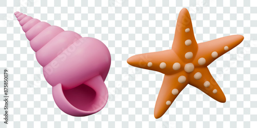 Empty pink spiral shell and starfish. Set of realistic ocean elements closeup