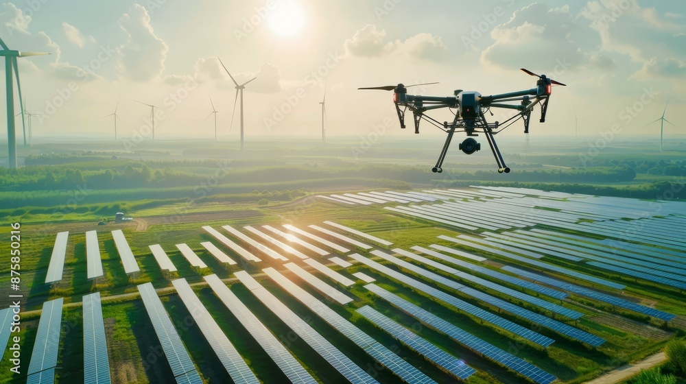 Drone over solar farm & wind turbines. Aerial view of a drone flying ...