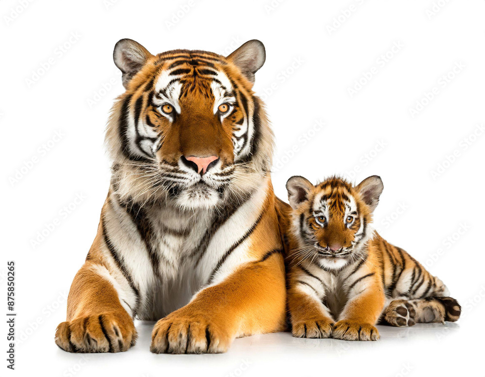 Obraz premium Tiger mit jungtier isoliert auf weißen Hintergrund, Freisteller