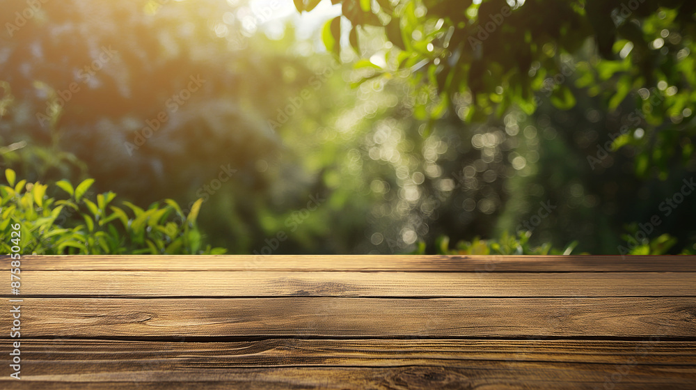 Fototapeta premium wood table with a blurry nature.background with copy space