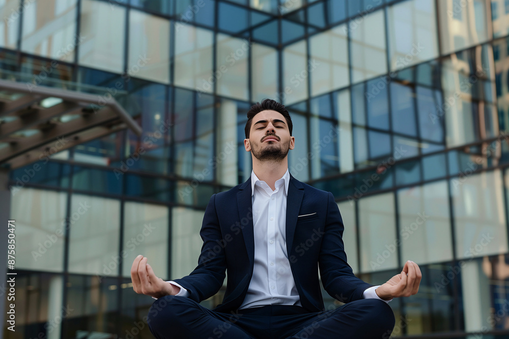 A businessman in a suit Meditating in front of the office building A businessman in a suit Meditating in front of the office building