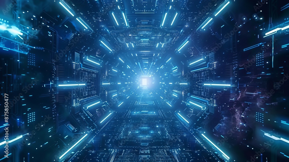 Futuristic blue neon tunnel. Abstract digital corridor with glowing blue neon lights. Perfect for science fiction, technology, and futuristic themes. Futuristic blue neon tunnel. Abstract digital corridor with glowing blue neon lights. Perfect for science fiction, technology, and futuristic themes.