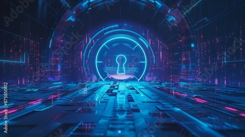 Fototapeta Naklejka Na Ścianę i Meble -  Digital security gateway. Abstract digital security concept with a glowing keyhole in a futuristic tunnel.