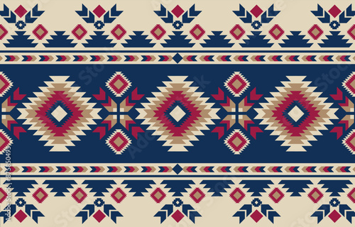 Ethnic tribal Aztec colorful blue background. Seamless tribal pattern, folk embroidery, tradition geometric Aztec ornament. Tradition Native and Navaho design for fabric, textile, print, rug, paper