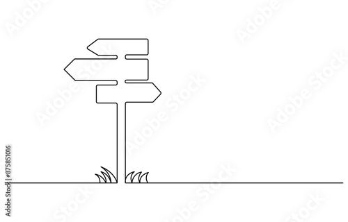Road direction sign arrows isolated on white background. Continuous one line drawing. Fingerpost in continuous line art drawing style. Signpost pointing in the direction of travel to places 