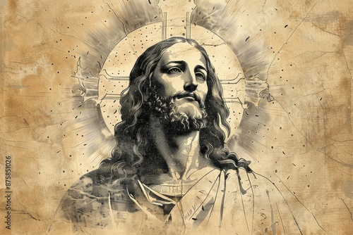 Jesus Christ: Medieval Style Artistic Etching or Engraving with Sacred Religious Iconography and Classic Renaissance Style photo