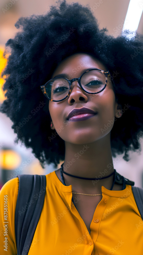 A young woman wearing glasses and a mustard-yellow shirt exudes confidence and joy with her radiant smile and fashionable afro hairstyle - Generative AI A young woman wearing glasses and a mustard-yellow shirt exudes confidence and joy with her radiant smile and fashionable afro hairstyle - Generative AI