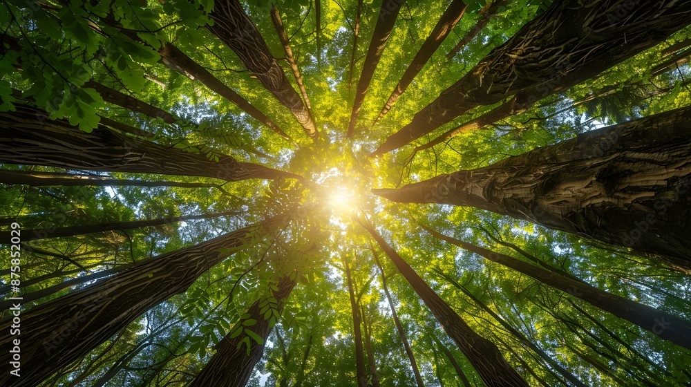 Looking up at tall trees in a lush green forest Looking up at tall trees in a lush green forest