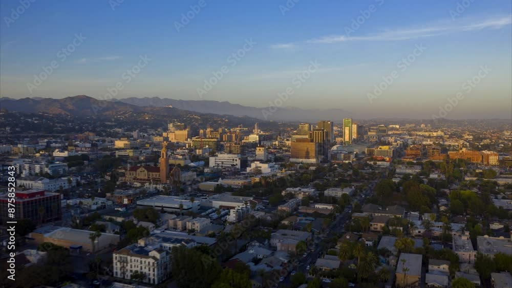 Aerial Time Lapse Beautiful Shot Of Residential City By Mountains, Drone Flying Backwards On Sunny Day - Los Angeles, California Aerial Time Lapse Beautiful Shot Of Residential City By Mountains, Drone Flying Backwards On Sunny Day - Los Angeles, California